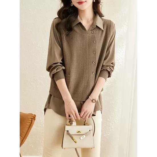 Long Sleeves Loose Solid Color Lapel  Inner Shirt + Pockets Buttoned Outer Knit Vest Two Pieces Set