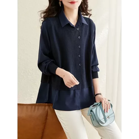 Long Sleeves Loose Solid Color Lapel  Inner Shirt + Pockets Buttoned Outer Knit Vest Two Pieces Set