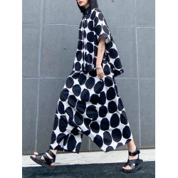 Round-Neck Batwing Sleeves Buttoned Polka-Dot Shirts Top + Elasticity Pockets Harem Pants Pants Bottom Two Pieces Set