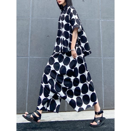 Round-Neck Batwing Sleeves Buttoned Polka-Dot Shirts Top + Elasticity Pockets Harem Pants Pants Bottom Two Pieces Set