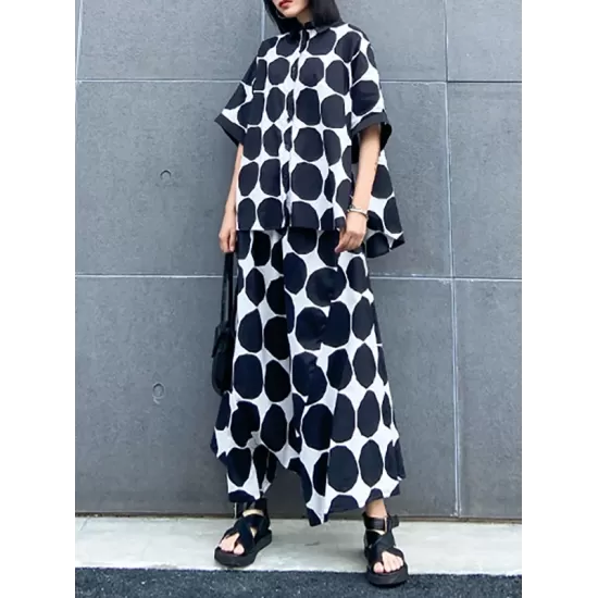 Round-Neck Batwing Sleeves Buttoned Polka-Dot Shirts Top + Elasticity Pockets Harem Pants Pants Bottom Two Pieces Set