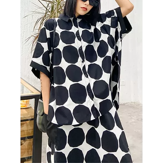 Round-Neck Batwing Sleeves Buttoned Polka-Dot Shirts Top + Elasticity Pockets Harem Pants Pants Bottom Two Pieces Set