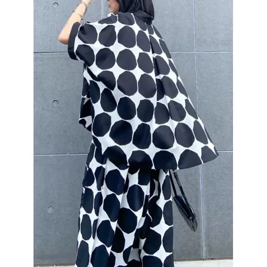 Round-Neck Batwing Sleeves Buttoned Polka-Dot Shirts Top + Elasticity Pockets Harem Pants Pants Bottom Two Pieces Set