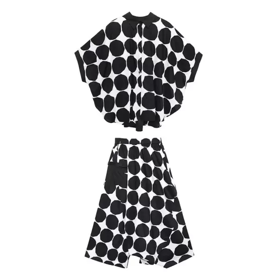 Round-Neck Batwing Sleeves Buttoned Polka-Dot Shirts Top + Elasticity Pockets Harem Pants Pants Bottom Two Pieces Set