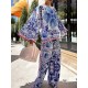 Round-Neck Flared Sleeves Long Sleeves Flower Print T-Shirts Top + Pants Bottom Two Pieces Set