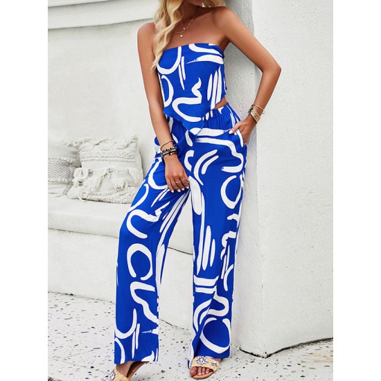 Printed Tied Sleeveless Tube Top + Wide Leg Elasticity Pockets Pants Bottom Two Pieces Set