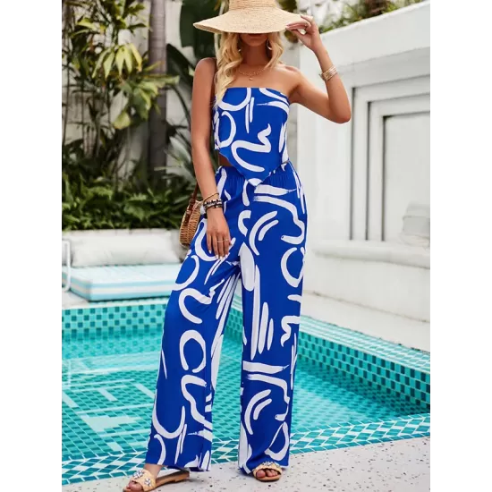 Printed Tied Sleeveless Tube Top + Wide Leg Elasticity Pockets Pants Bottom Two Pieces Set