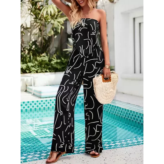 Printed Tied Sleeveless Tube Top + Wide Leg Elasticity Pockets Pants Bottom Two Pieces Set