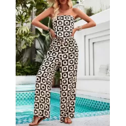 Flower Print Tied Sleeveless Tube Top + Wide Leg Elasticity Pockets Pants Bottom Two Pieces Set