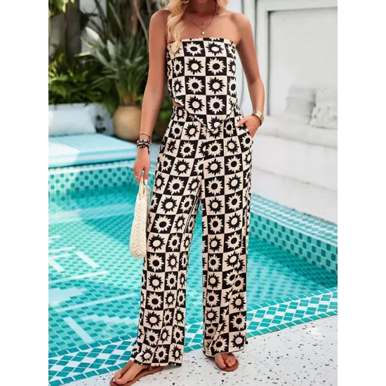 Flower Print Tied Sleeveless Tube Top + Wide Leg Elasticity Pockets Pants Bottom Two Pieces Set