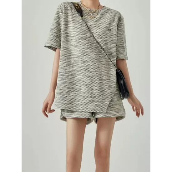 Solid Color Loose Short Sleeves Round-Neck T-Shirts Top + Shorts Bottom Two Pieces Set