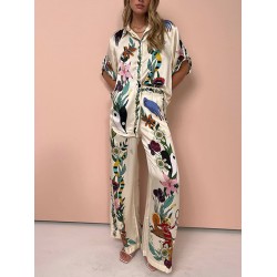 Loose Buttoned Half Sleeves Flower Print Pockets Lapel T-shirt Top + Drawstring Elasticity Pants Bottom Two Pieces Set