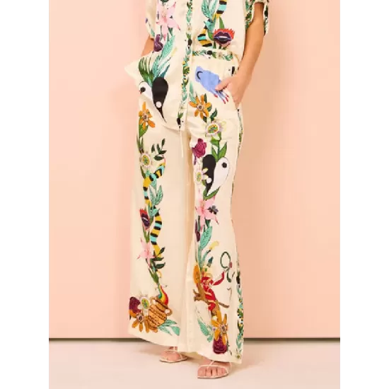 Loose Buttoned Half Sleeves Flower Print Pockets Lapel T-shirt Top + Drawstring Elasticity Pants Bottom Two Pieces Set