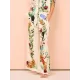 Loose Buttoned Half Sleeves Flower Print Pockets Lapel T-shirt Top + Drawstring Elasticity Pants Bottom Two Pieces Set