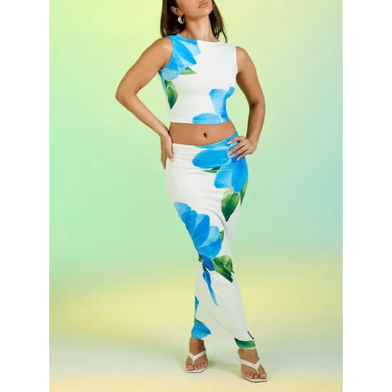 Round-Neck Sleeveless Flower Print Vest Top + Bodycon Skirts Bottom Two Pieces Set