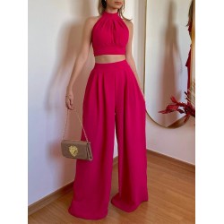 Solid Color Pleated Split-Joint Backless High Neck Vest + High Waisted Loose Pants Trousers Two Pieces Set