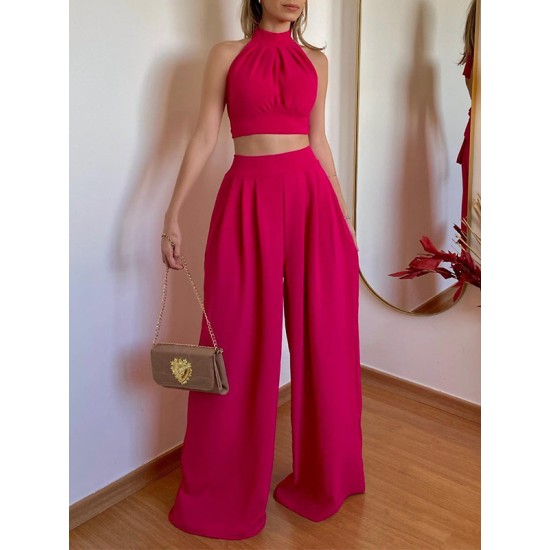 Solid Color Pleated Split-Joint Backless High Neck Vest + High Waisted Loose Pants Trousers Two Pieces Set