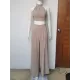 Solid Color Pleated Split-Joint Backless High Neck Vest + High Waisted Loose Pants Trousers Two Pieces Set