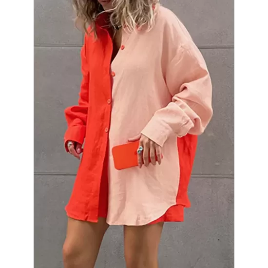 Loose Long Sleeves Contrast Color Split-Joint Lapel Blouse + Solid Color Shorts Two Pieces Set