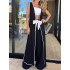 Contrast Color Loose Split-Side Tied Collarless Outerwear Top + High Waisted Pants Bottom Two Pieces Set