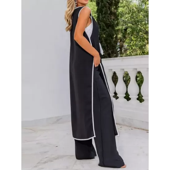 Contrast Color Loose Split-Side Tied Collarless Outerwear Top + High Waisted Pants Bottom Two Pieces Set