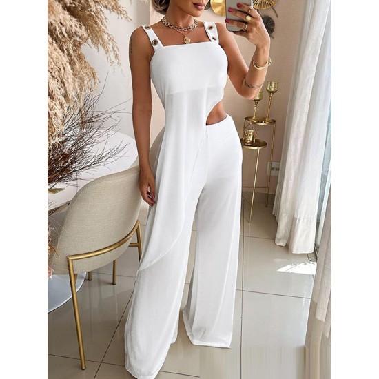 Asymmetric Loose Sleeveless Hollow Collarless  Vest Top + Wide Leg Pants Bottom Two Pieces Set