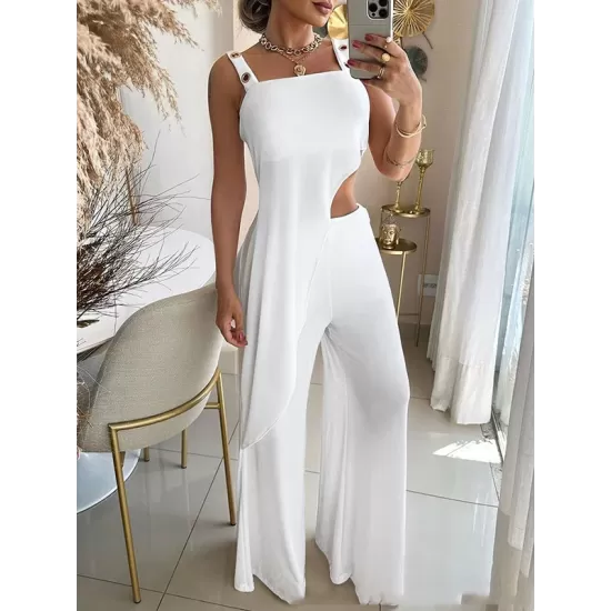 Asymmetric Loose Sleeveless Hollow Collarless  Vest Top + Wide Leg Pants Bottom Two Pieces Set