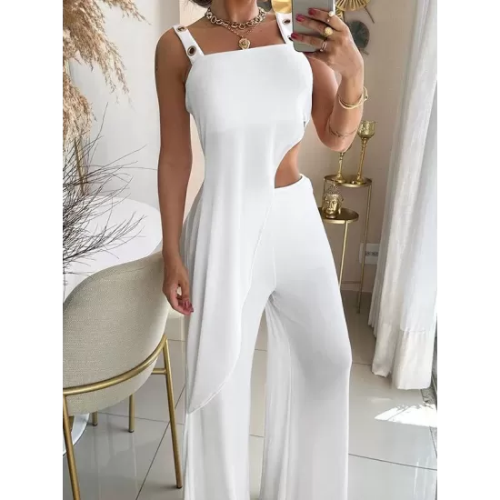 Asymmetric Loose Sleeveless Hollow Collarless  Vest Top + Wide Leg Pants Bottom Two Pieces Set