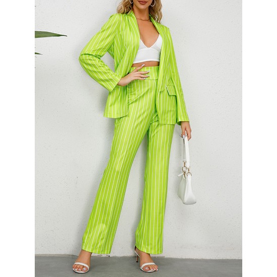 Loose Pockets Long Sleeves Striped Lapel Blazer Outerwear + Suits Bottom Two Pieces Set