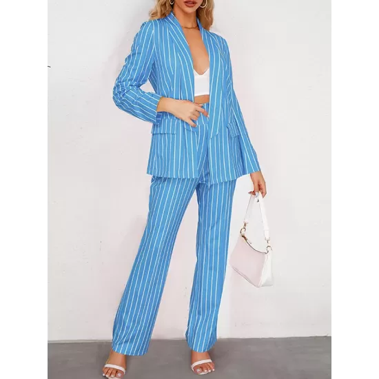 Loose Pockets Long Sleeves Striped Lapel Blazer Outerwear + Suits Bottom Two Pieces Set