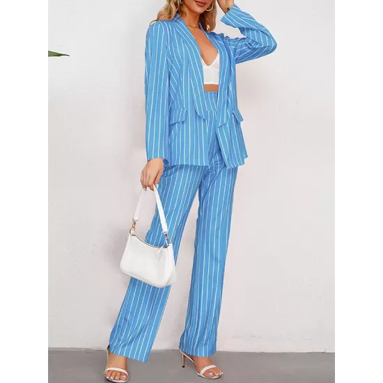 Loose Pockets Long Sleeves Striped Lapel Blazer Outerwear + Suits Bottom Two Pieces Set