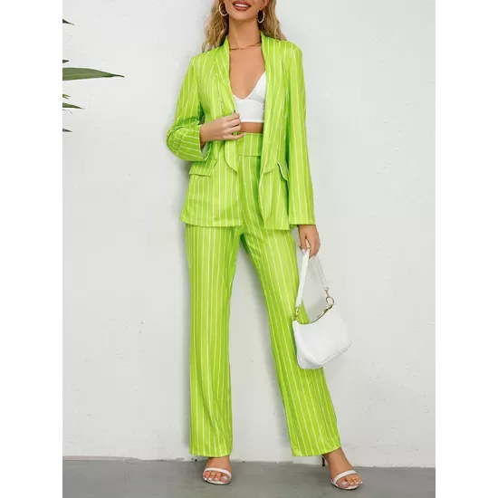 Loose Pockets Long Sleeves Striped Lapel Blazer Outerwear + Suits Bottom Two Pieces Set