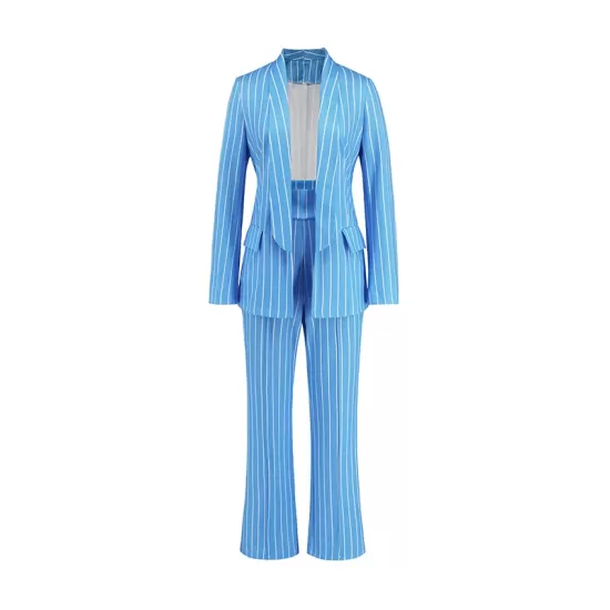 Loose Pockets Long Sleeves Striped Lapel Blazer Outerwear + Suits Bottom Two Pieces Set