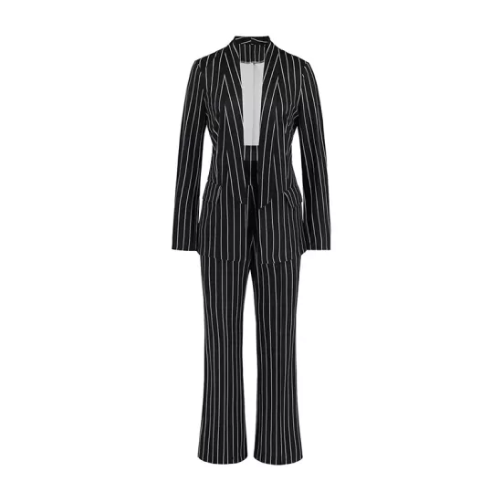 Loose Pockets Long Sleeves Striped Lapel Blazer Outerwear + Suits Bottom Two Pieces Set