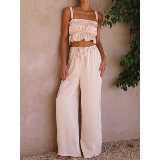 Elasticity Pleated Solid Color Spaghetti-Neck Tops + High Waisted Drawstring Pants Trousers Two Pieces Set