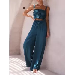 Elasticity Pleated Solid Color Spaghetti-Neck Tops + High Waisted Drawstring Pants Trousers Two Pieces Set