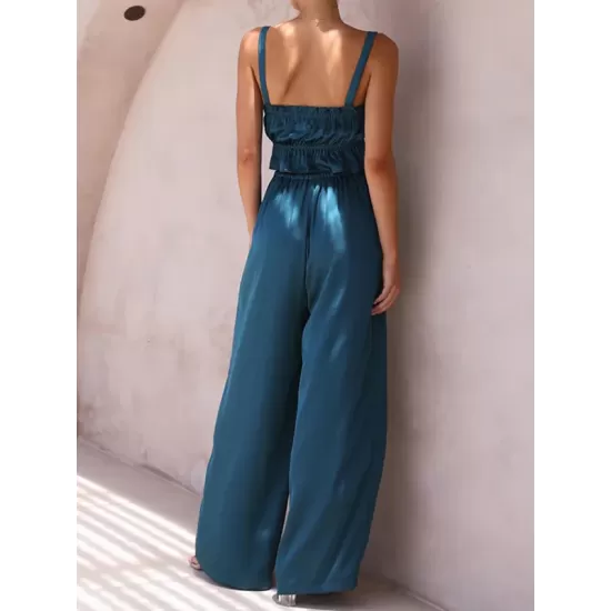 Elasticity Pleated Solid Color Spaghetti-Neck Tops + High Waisted Drawstring Pants Trousers Two Pieces Set