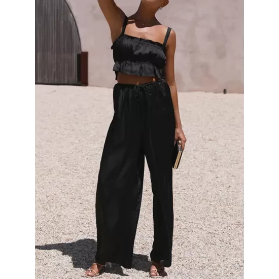 Elasticity Pleated Solid Color Spaghetti-Neck Tops + High Waisted Drawstring Pants Trousers Two Pieces Set