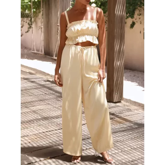 Elasticity Pleated Solid Color Spaghetti-Neck Tops + High Waisted Drawstring Pants Trousers Two Pieces Set