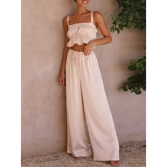 Elasticity Pleated Solid Color Spaghetti-Neck Tops + High Waisted Drawstring Pants Trousers Two Pieces Set