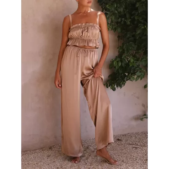 Elasticity Pleated Solid Color Spaghetti-Neck Tops + High Waisted Drawstring Pants Trousers Two Pieces Set