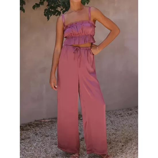 Elasticity Pleated Solid Color Spaghetti-Neck Tops + High Waisted Drawstring Pants Trousers Two Pieces Set