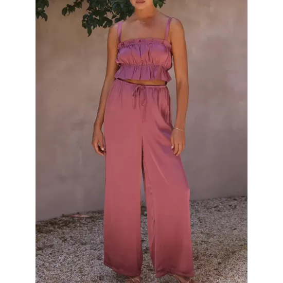 Elasticity Pleated Solid Color Spaghetti-Neck Tops + High Waisted Drawstring Pants Trousers Two Pieces Set