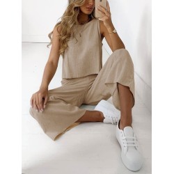 Round-Neck Loose Sleeveless Solid Color Vest Top + Pants Bottom Two Pieces Set