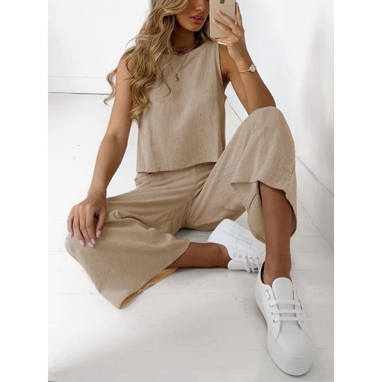 Round-Neck Loose Sleeveless Solid Color Vest Top + Pants Bottom Two Pieces Set