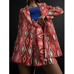 Notched Collar Long Sleeves Loose Buttoned Pockets Printed Blazer Top + Shorts Bottom Two Pieces Set