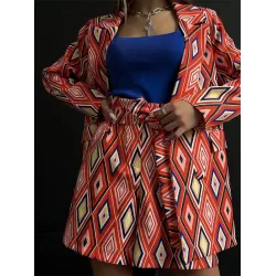 Notched Collar Long Sleeves Loose Buttoned Pockets Printed Blazer Top + Shorts Bottom Two Pieces Set