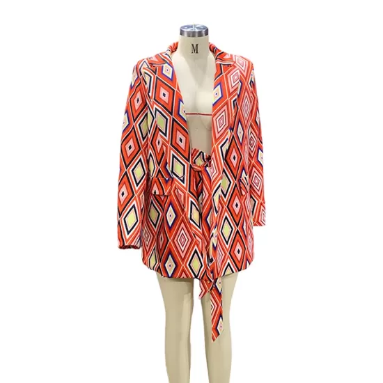 Notched Collar Long Sleeves Loose Buttoned Pockets Printed Blazer Top + Shorts Bottom Two Pieces Set