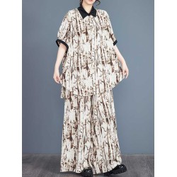 High-Low Buttoned Half Sleeves Pleated Printed Split-Side Lapel Blouses Top + Elasticity Pants Bottom Two Pieces Set