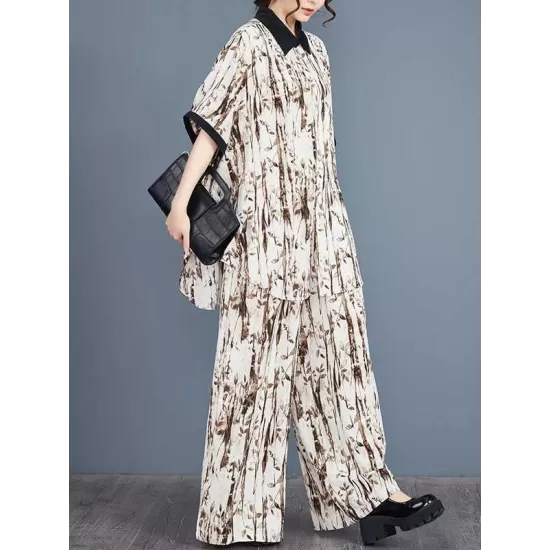 High-Low Buttoned Half Sleeves Pleated Printed Split-Side Lapel Blouses Top + Elasticity Pants Bottom Two Pieces Set